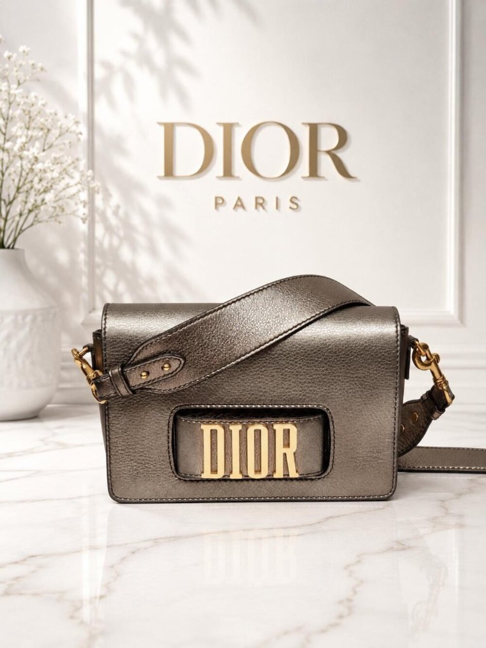 Authentic Christian Dior Grained Evolution Metallic Gold Flap Shoulder Crossbody